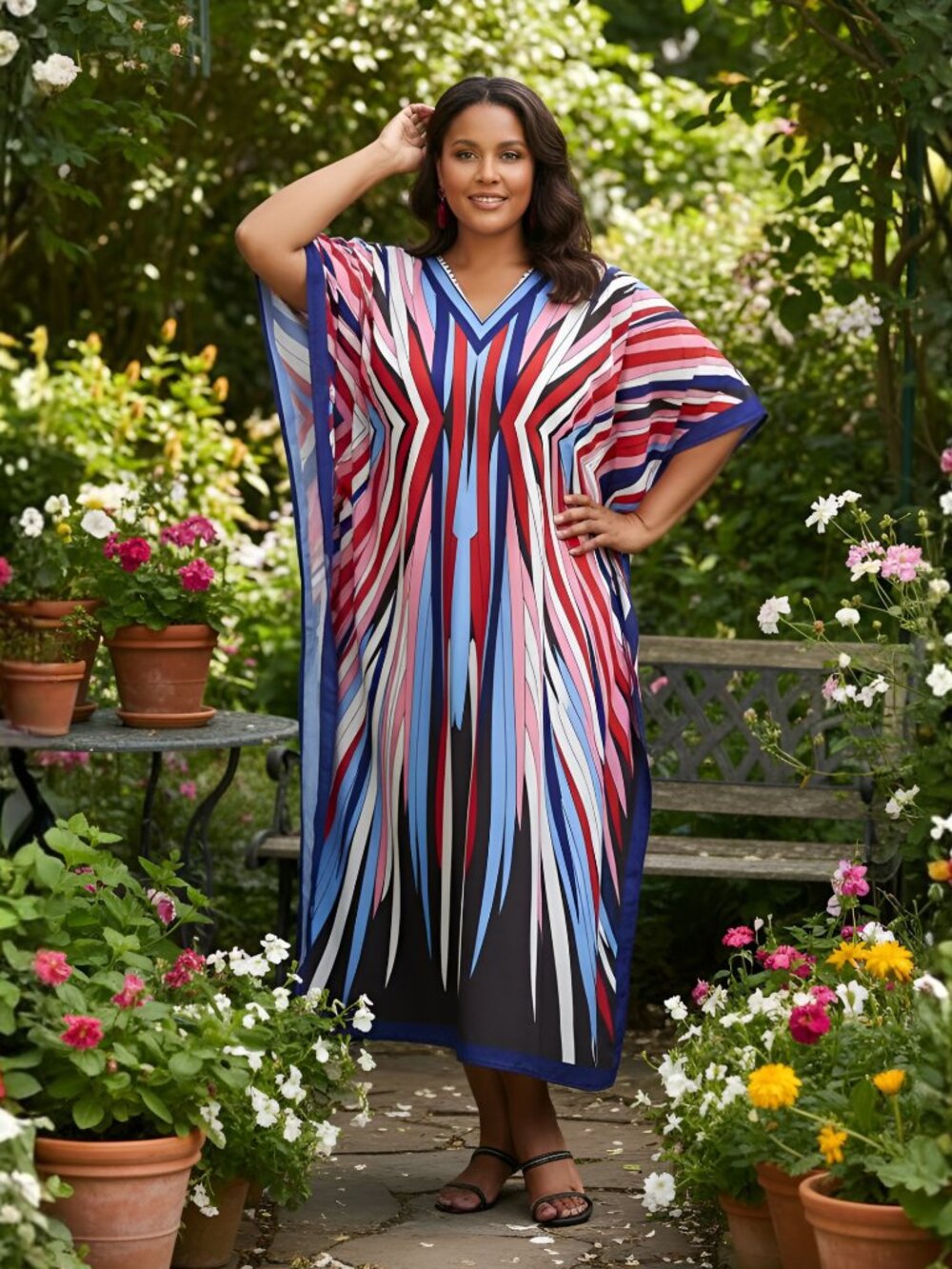 Gypsie Blu Multicolor Print Caftan Dress Plus Size Kimono Maxi Dresses for Women